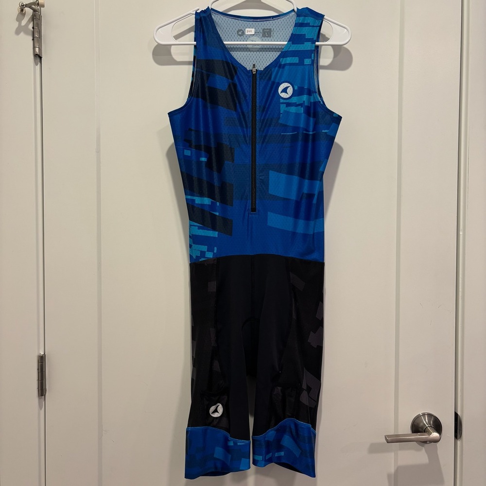 Pactimo Men L Triathlon Suit Blue Black Geometric Sleeveless Skinsuit Padded
